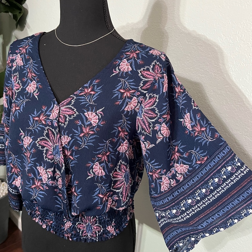 Navy blue & pink boho blouse.
